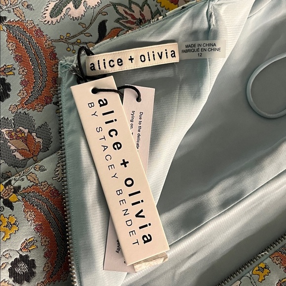 Alice & Olivia Tayla Jacquard Floral Mini Dress Blue Structured NWT Sz 12 - Picture 12 of 14